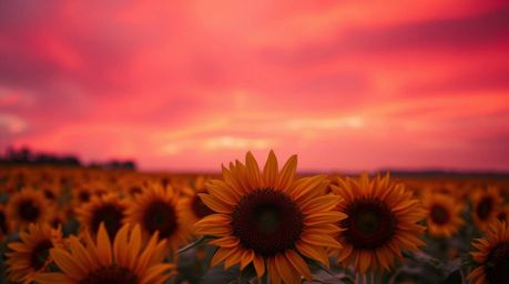A breathtaking macro close-up captures the intricate details of a sunflower field bathed in the rich hues of a deep red and p