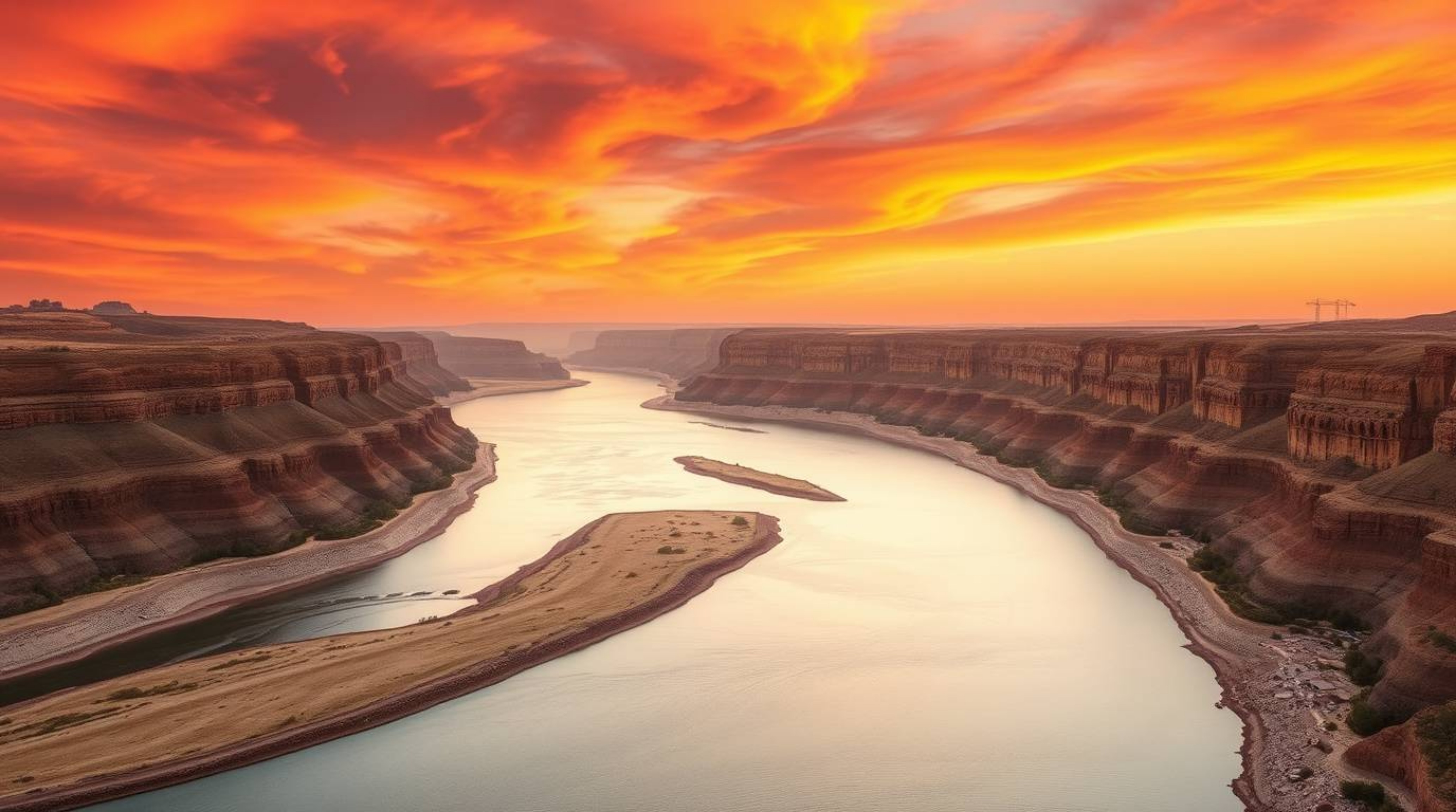 A captivating image of a winding river bathed in the warm glow of a dramatic orange-pink sunset.  The earth tones and soft li