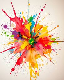 This is a warm, soft, professional fine art photograph capturing a vibrant explosion of colorful paint splashes on a pristine