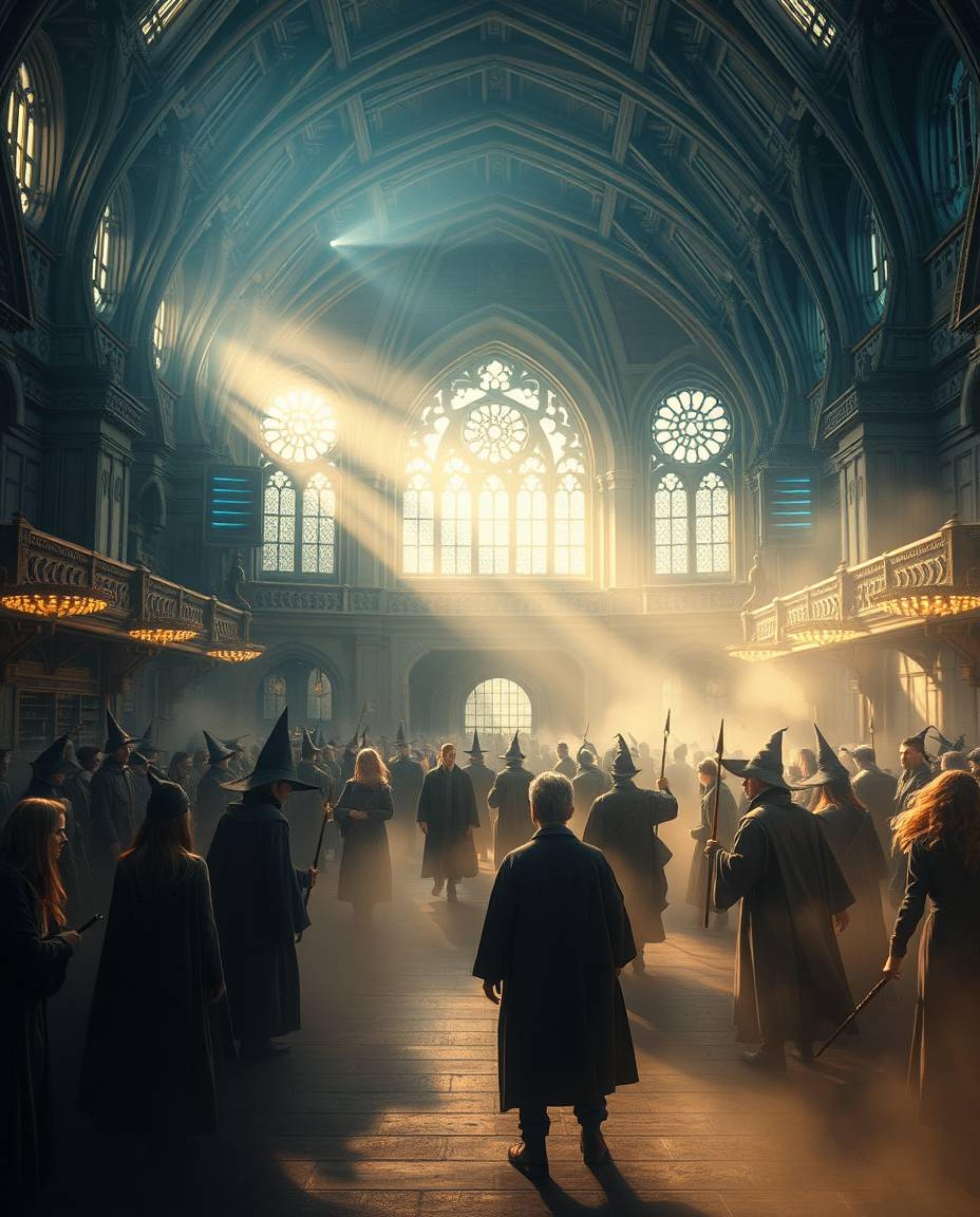 A modern, future grand epic scene depicts a magical school overflowing with young wizards, bathed in volumetric lighting with