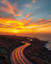 This artwork features a unique cast bronze surface depicting a sunset sky over a winding coastal highway. It masterfully blen