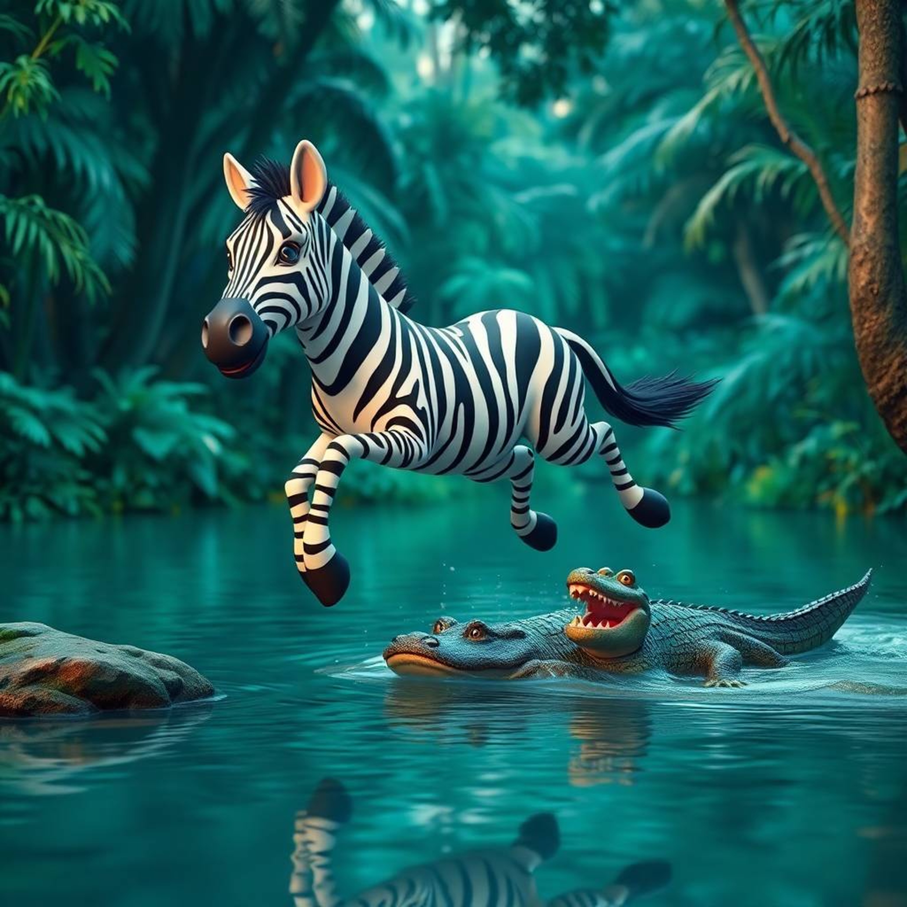 Vibrant architectural color photography showcasing a 3D cartoon zebra in a daring escape. The zebra leaps towards a riverbank