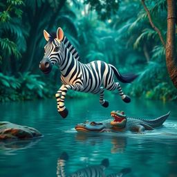 Vibrant architectural color photography showcasing a 3D cartoon zebra in a daring escape. The zebra leaps towards a riverbank