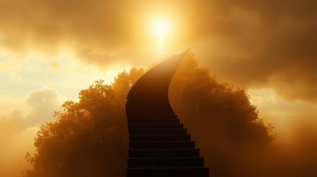 A surreal stairway, bathed in warm autumn colors, is silhouetted against smoky clouds. Suspended in mid-air, it winds towards
