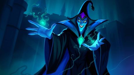 A captivating digital painting depicts a classic Disney villain casting a spell within the walls of an ancient castle. The a