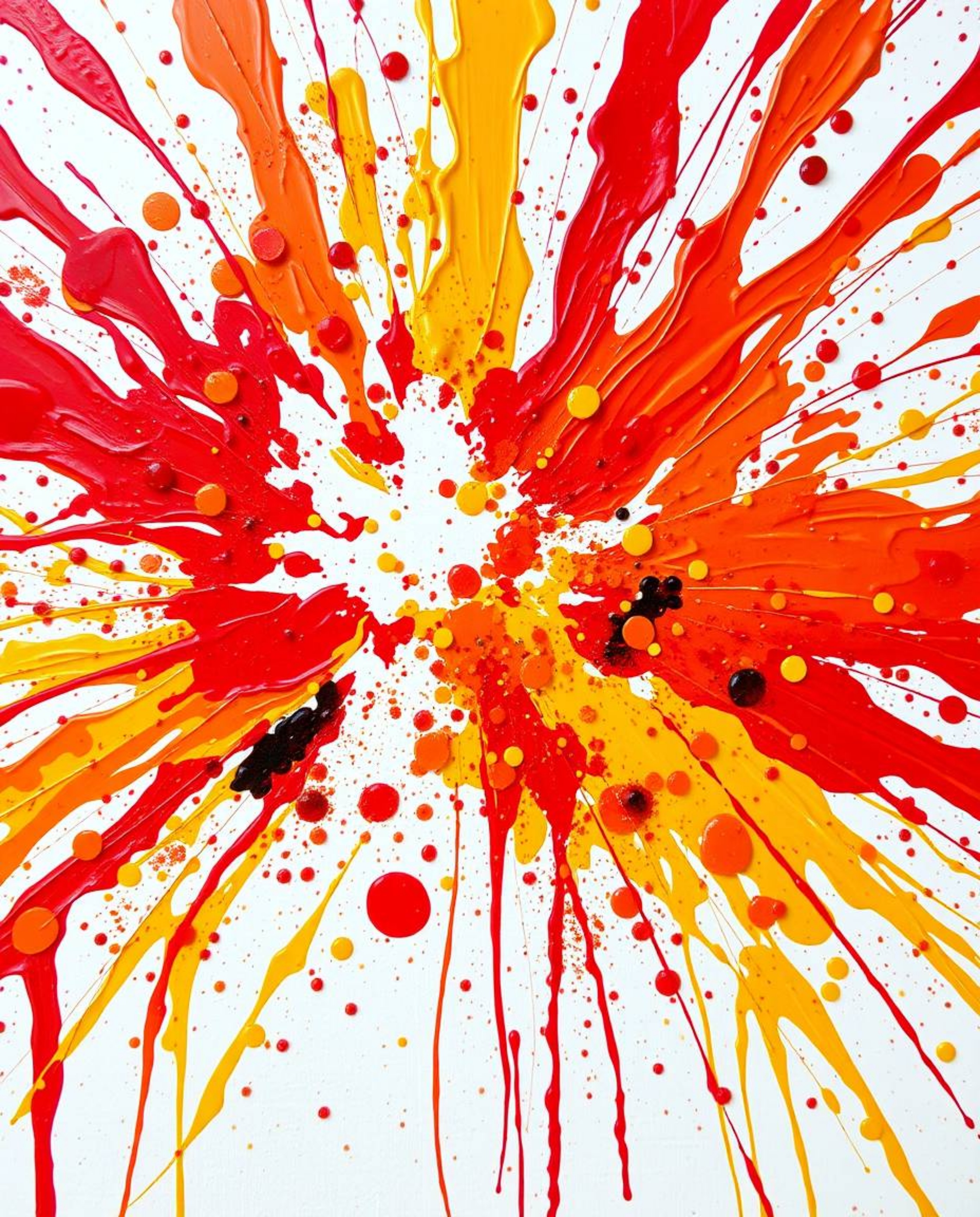 Experience a vibrant explosion of colorful acrylic paint splattered across a pristine white canvas. This high-detail abstract