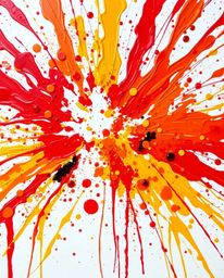 Experience a vibrant explosion of colorful acrylic paint splattered across a pristine white canvas. This high-detail abstract