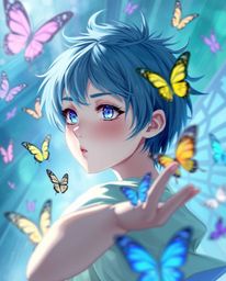 A captivating image of a girl with short, spiky blue hair releasing butterflies into a vibrant, dynamic scene.  The artwork f