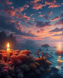 An ethereal digital illustration captures a coral reef at low tide under a colorful sky, bathed in the soft, warm glow of can