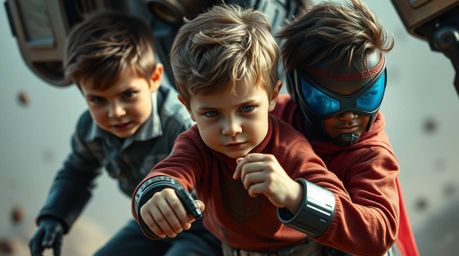 An extreme macro close-up captures the intricate details of three superpowered children engaged in a fierce battle against a 