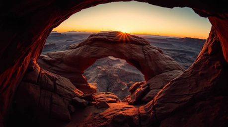 Experience the breathtaking beauty of a desert sunset framed by a natural rock arch from an overhead, bird's-eye perspective.