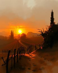 This misty and atmospheric digital sketch captures a warm autumn sunset over a vineyard. Created with loose, painterly stroke