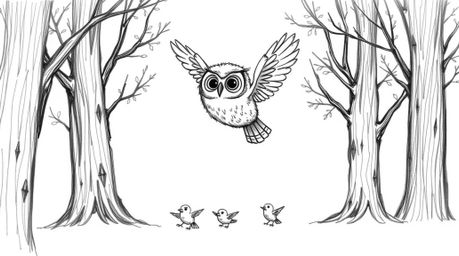 A heartwarming, Pixar-inspired, hand-drawn sketch depicts a blind owl gracefully gliding through a forest of detailed trees. 
