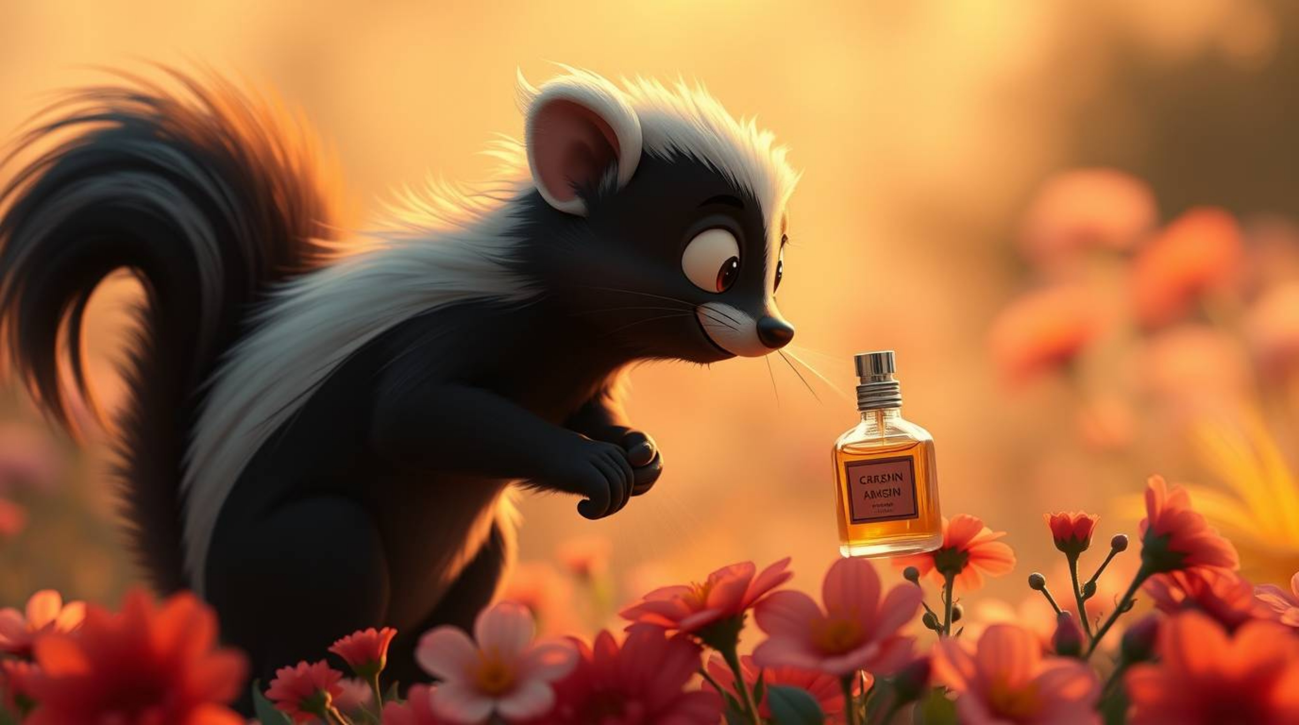 A charming cartoon scene depicts a skunk delicately spraying perfume onto flowers, bathed in a soft, cinematic haze. The artw