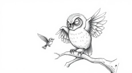 A charming hand-drawn pencil sketch in the style of Pixar depicts a heartwarming scene: a blind owl with soft, downy feathers