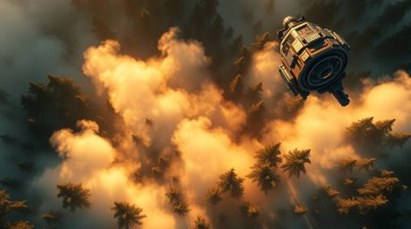 This digital painting presents a bird's-eye view of a futuristic sci-fi forest at golden hour, where mist gently rises, blend