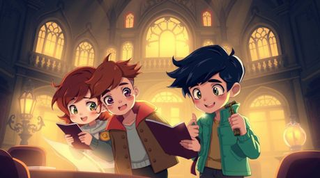 A heartwarming illustration depicting adorable teens engaged in solving mysteries within a luxuriously rendered haunted mansi