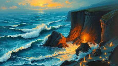 A captivating oil painting depicts the dramatic scene of waves crashing against rugged cliffs at sunset.  Rich, deep teal hue