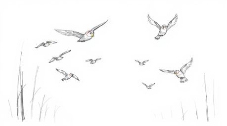 A heartwarming hand-drawn sketch in the style of Pixar depicts a wise, blind owl with soft feathers guiding a flock of birds 