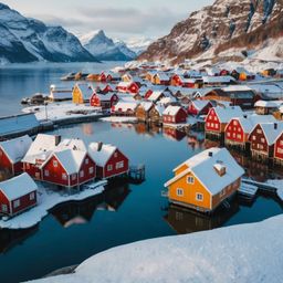Discover a picturesque Scandinavian village, a charming winter scene defined by its colorful wooden houses, rooftops blankete