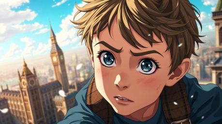 A captivating close-up shot showcases a young boy with expressive eyes and tousled hair, seemingly suspended in mid-air above