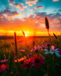 An extreme macro close-up photograph in electric, vivid colors, showcasing the intricate details of a spring sunset over a wi
