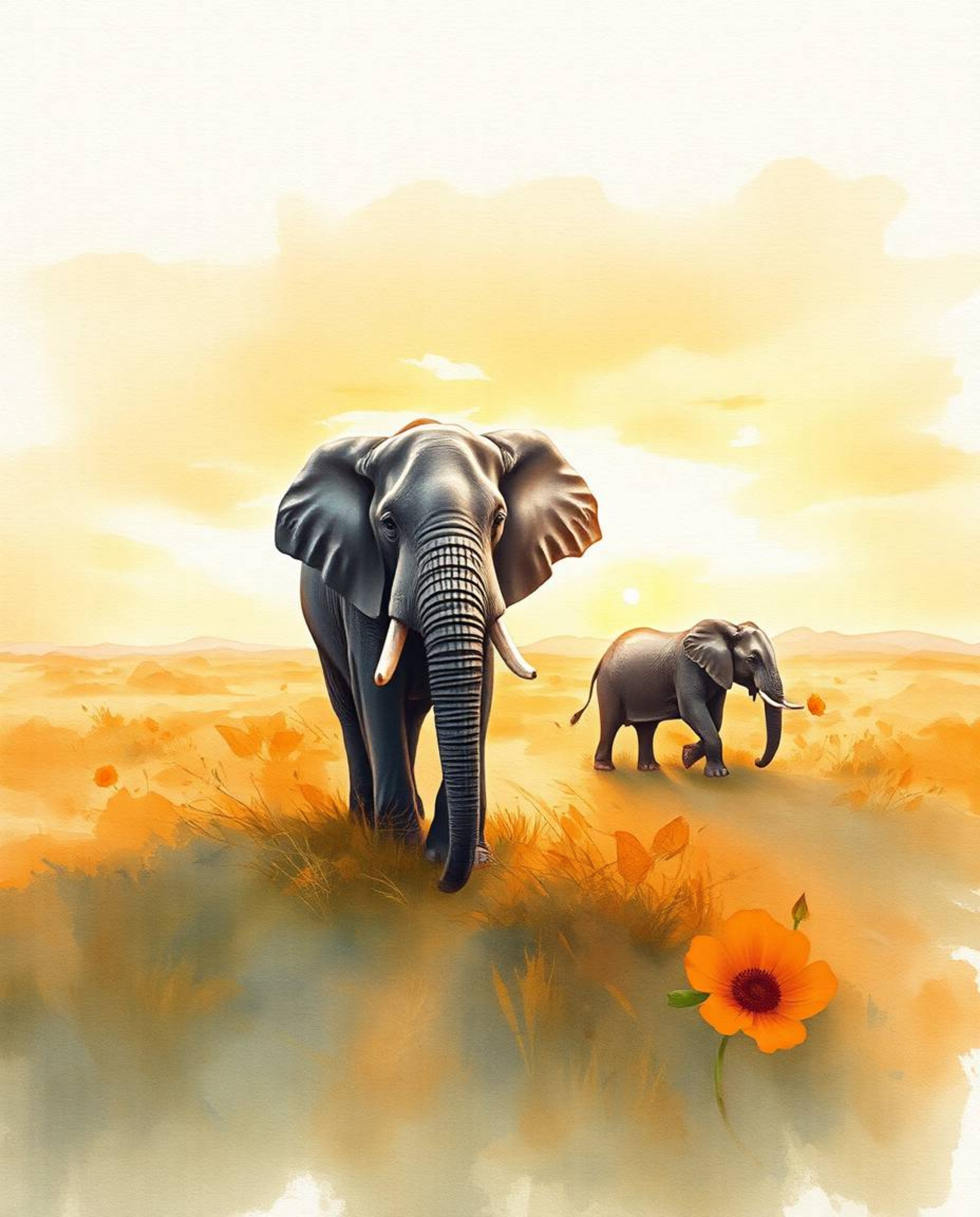 This is a delicate watercolor painting from a high angle perspective, showcasing elephants walking across a field at sunset d