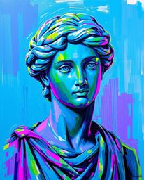This bold acrylic painting features a classically sculpted figure rendered in cool blues, greens, and purples. The artwork in