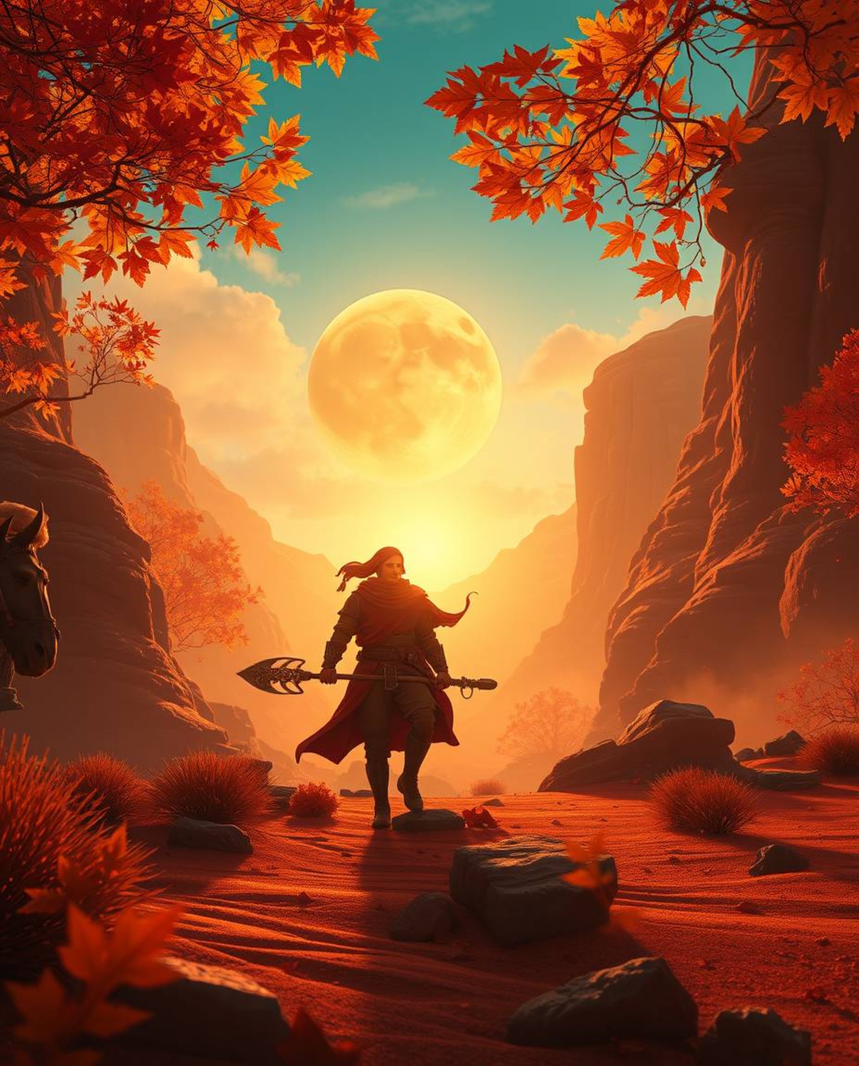 Explore a grand, modern future scene bathed in warm autumn colors and epic lens glow. Witness a brave hero embarking on a Dis