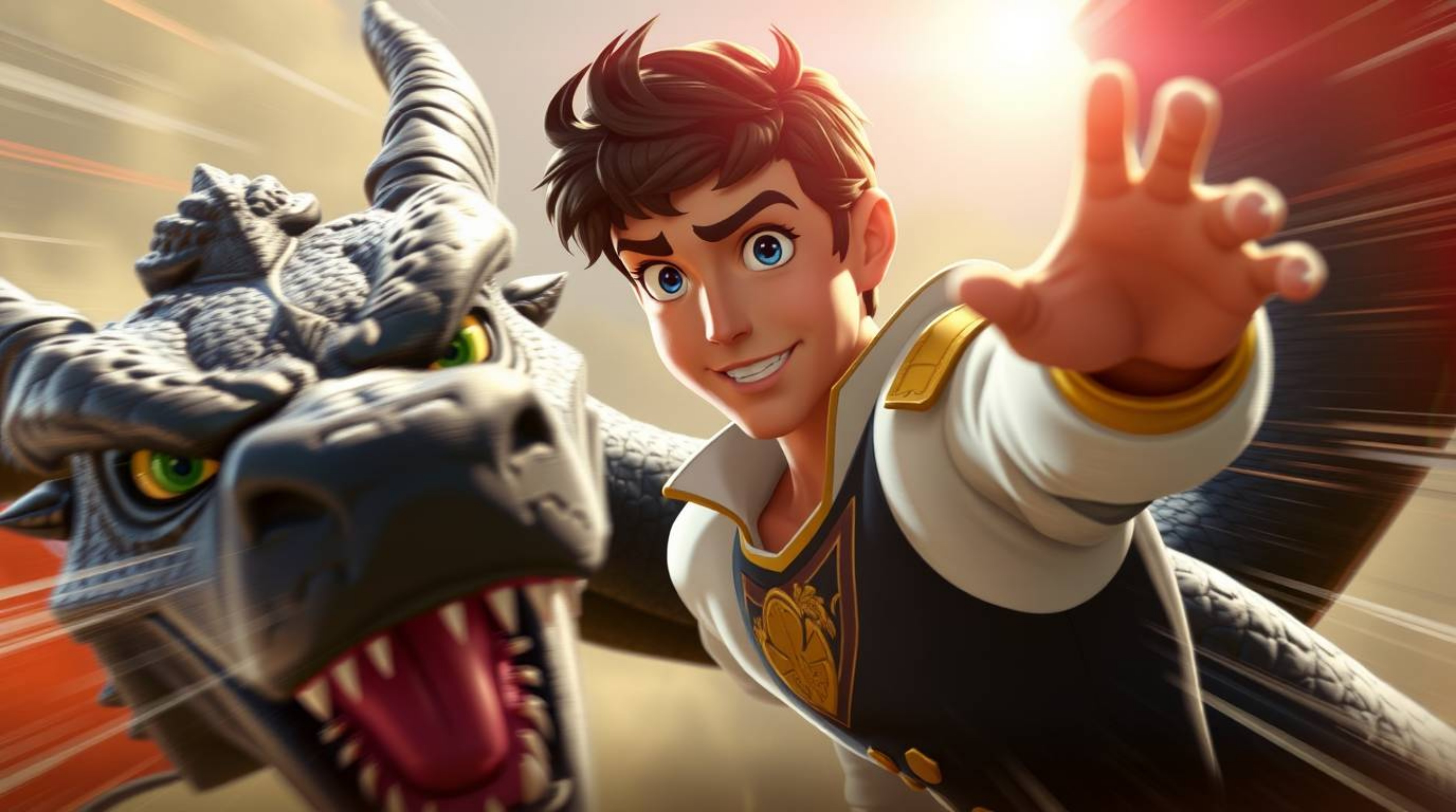 A captivating image showcasing a charming prince battling a fierce dragon, rendered in a vibrant 1950s animation style.  The 