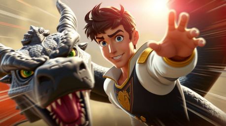 A captivating image showcasing a charming prince battling a fierce dragon, rendered in a vibrant 1950s animation style. The