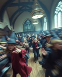 This professional fine art photograph captures the dynamic energy of a magical school teeming with young wizards. The in-moti