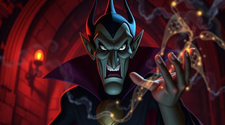 A captivating digital artwork depicting a classic Disney villain with sharp features and dark skin, casting a spell within th