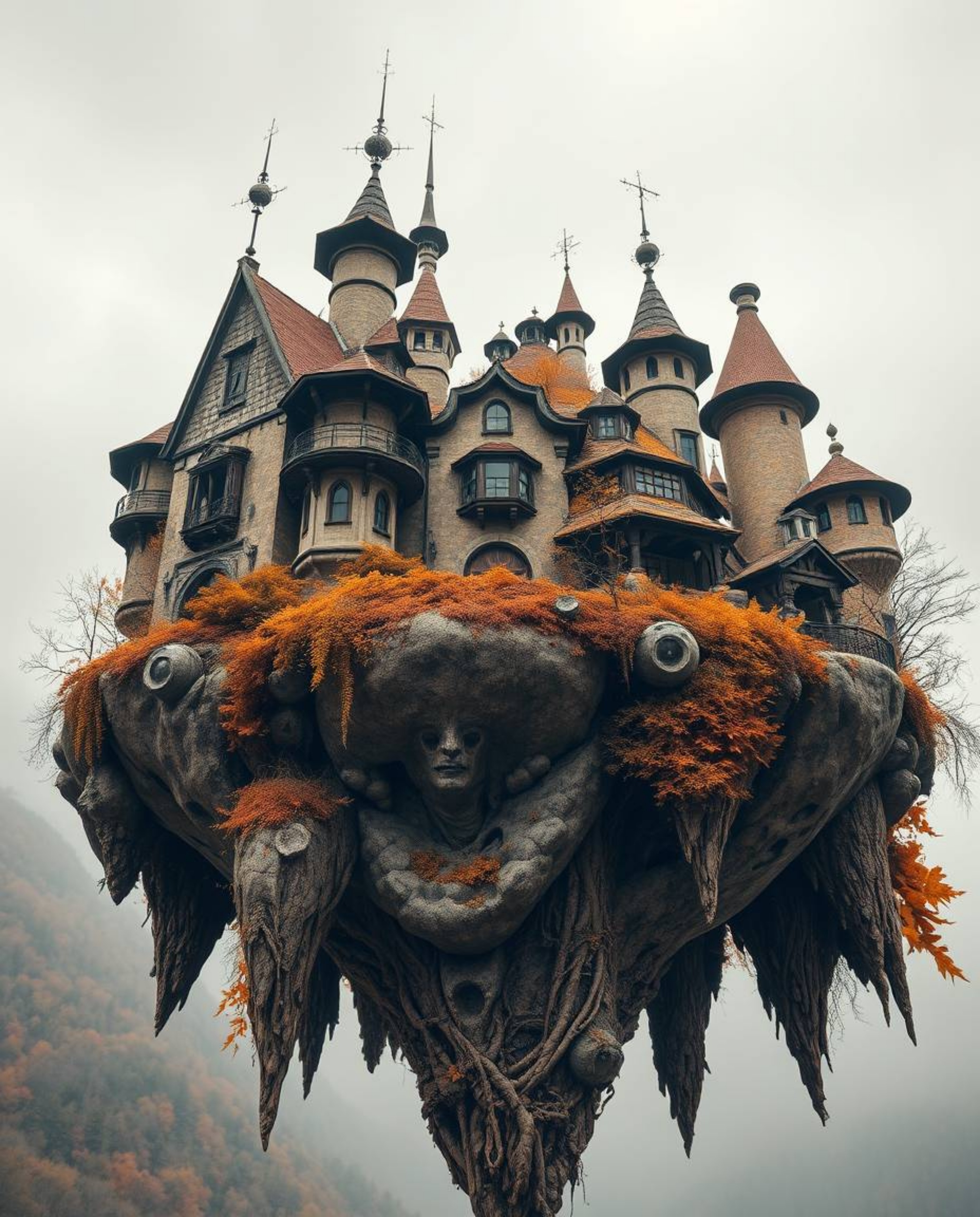 Experience the wonder of a surreal floating island featuring strange and captivating architecture. Captured from a dramatic l