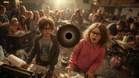 In a cinematic, high-drama photograph with a subtle, Pixar-inspired stylization, a science fair duo unintentionally creates a