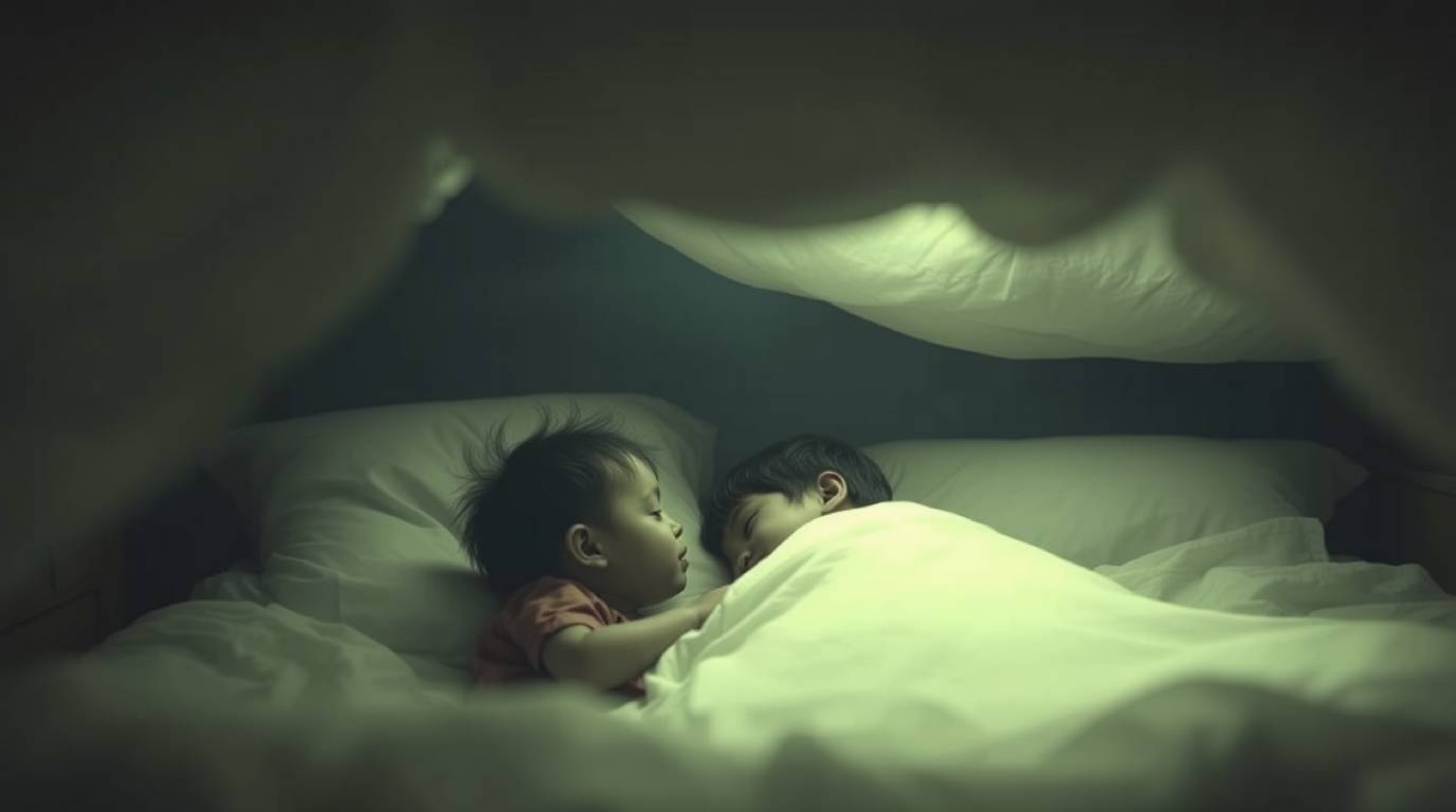 Experience a soft and hazy cinematic scene where a monster and a child share a tender moment under a bed. This dreamlike atmo
