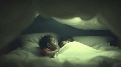 Experience a soft and hazy cinematic scene where a monster and a child share a tender moment under a bed. This dreamlike atmo