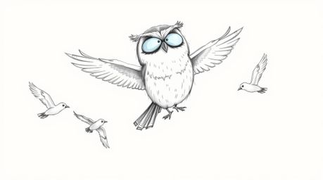 A charming hand-drawn sketch in the style of Pixar depicts a blind owl, its feathers delicately rendered, teaching several bi