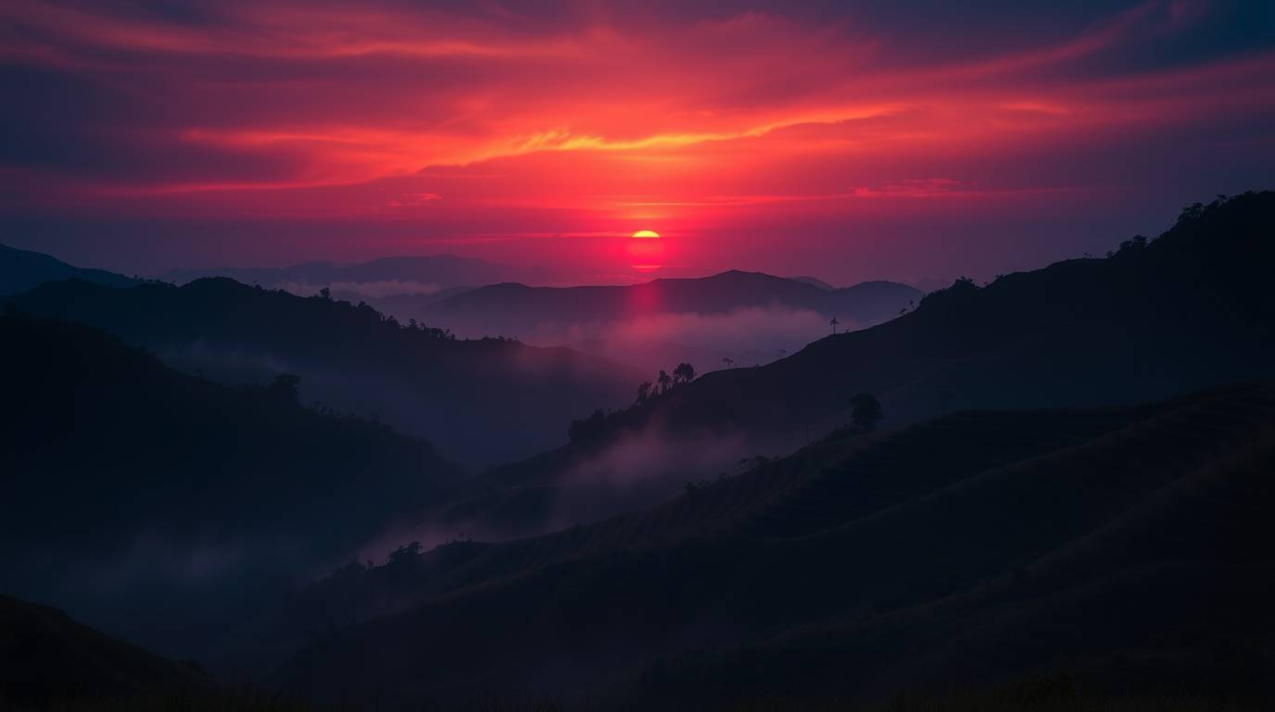 Experience a breathtaking sunset over serene rice terraces nestled in the mountains. Volumetric lighting accentuates the soph