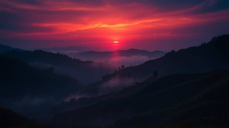 Experience a breathtaking sunset over serene rice terraces nestled in the mountains. Volumetric lighting accentuates the soph