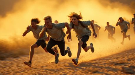 Experience a dynamic chase scene brought to life with exaggerated squash and stretch animation, bathed in the warm, inviting 