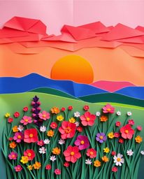 A bright and vibrant depiction of a sunset over a spring wildflower meadow, masterfully rendered in an intricate origami styl