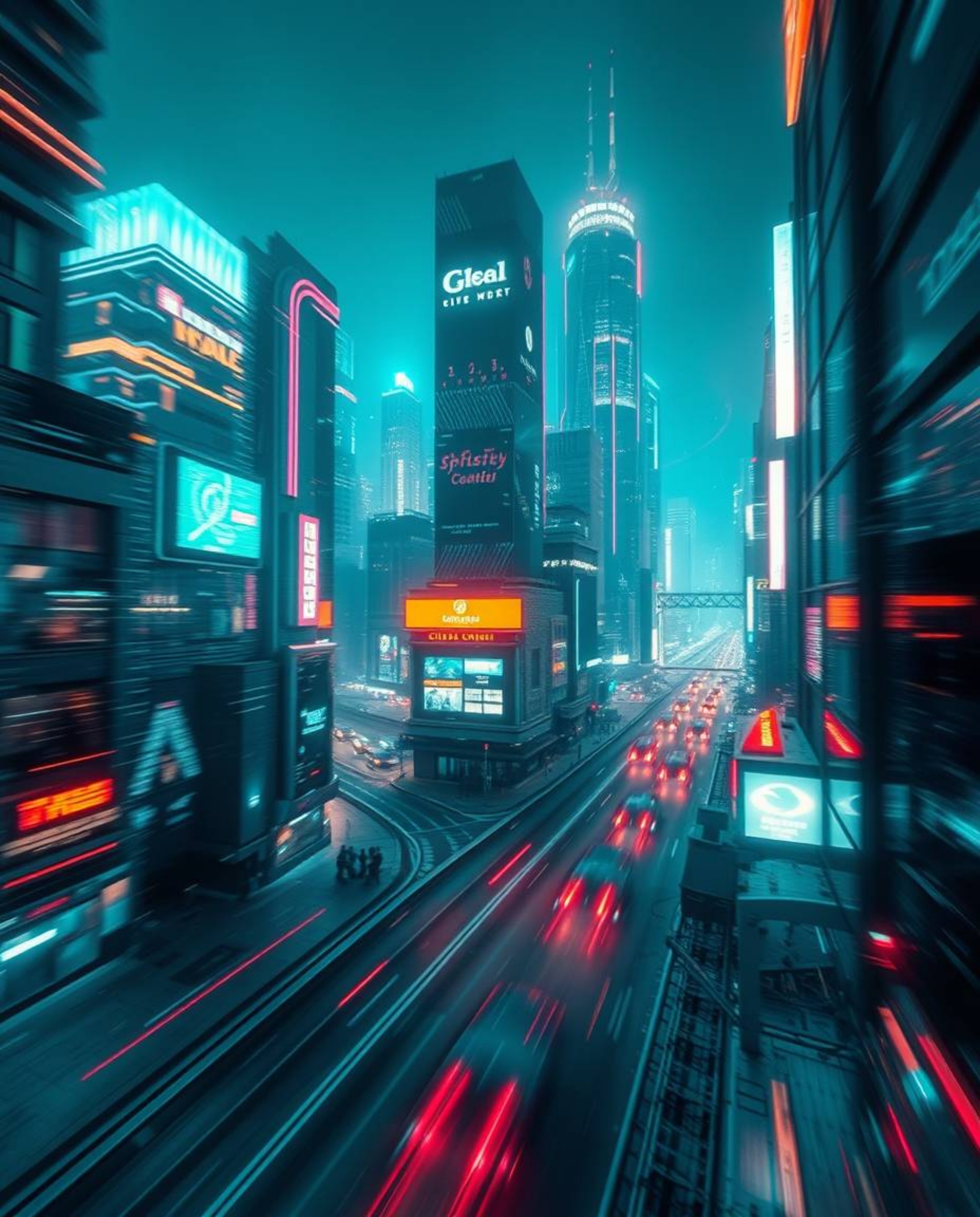 A captivating long-exposure photograph showcases a futuristic city in glitch mode, bathed in a rich, deep teal hue.  Flickeri