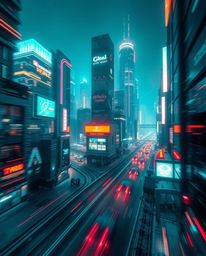 A captivating long-exposure photograph showcases a futuristic city in glitch mode, bathed in a rich, deep teal hue.  Flickeri