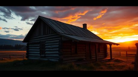A captivating cinematic photograph showcases an old wooden cabin bathed in the warm glow of sunset.  Dramatic lighting and a 