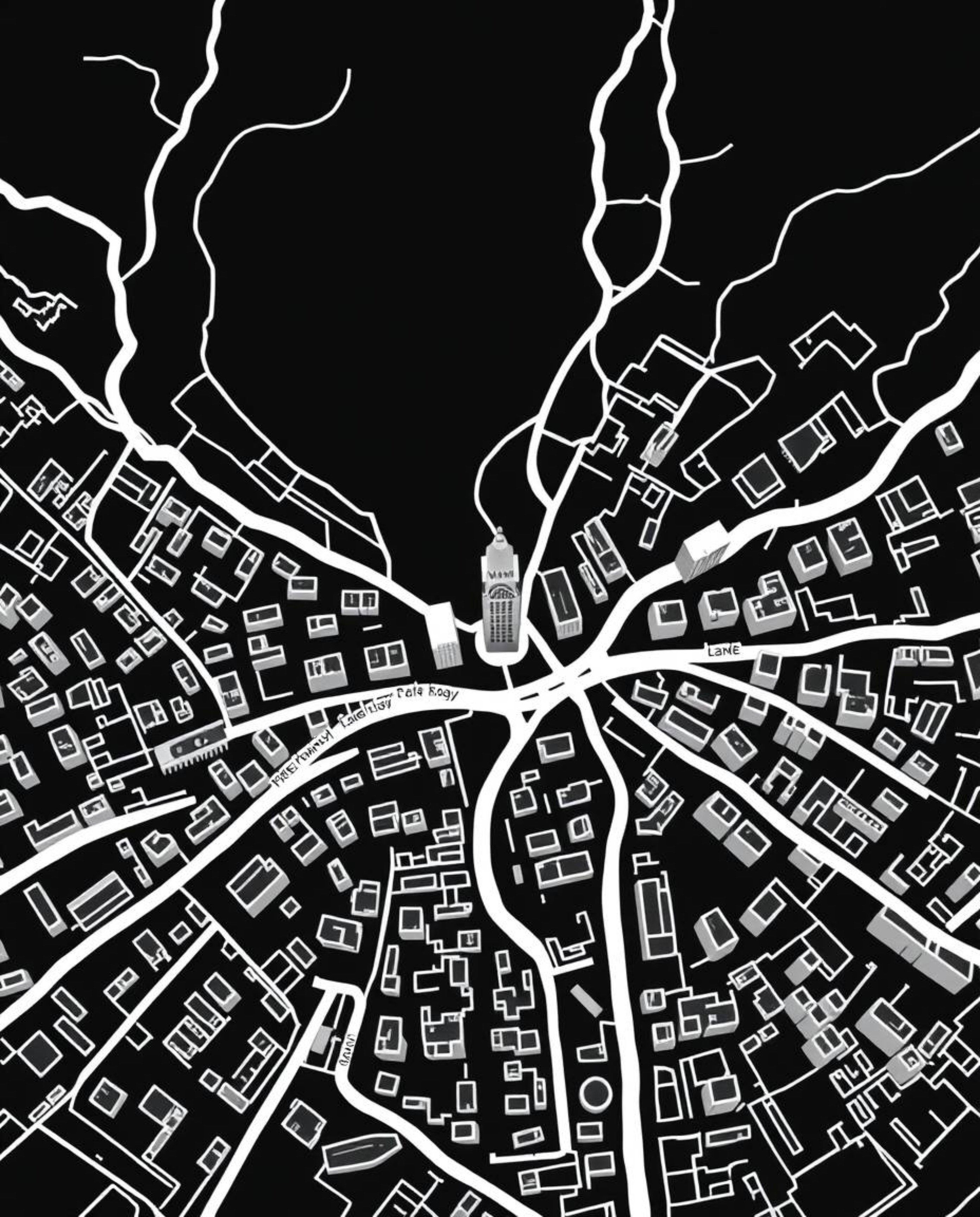 A stunning abstract city map in classic black and white, showcasing a graceful and elegant design.  Viewed from above, the ma