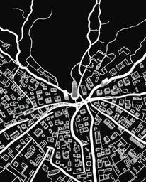 A stunning abstract city map in classic black and white, showcasing a graceful and elegant design.  Viewed from above, the ma