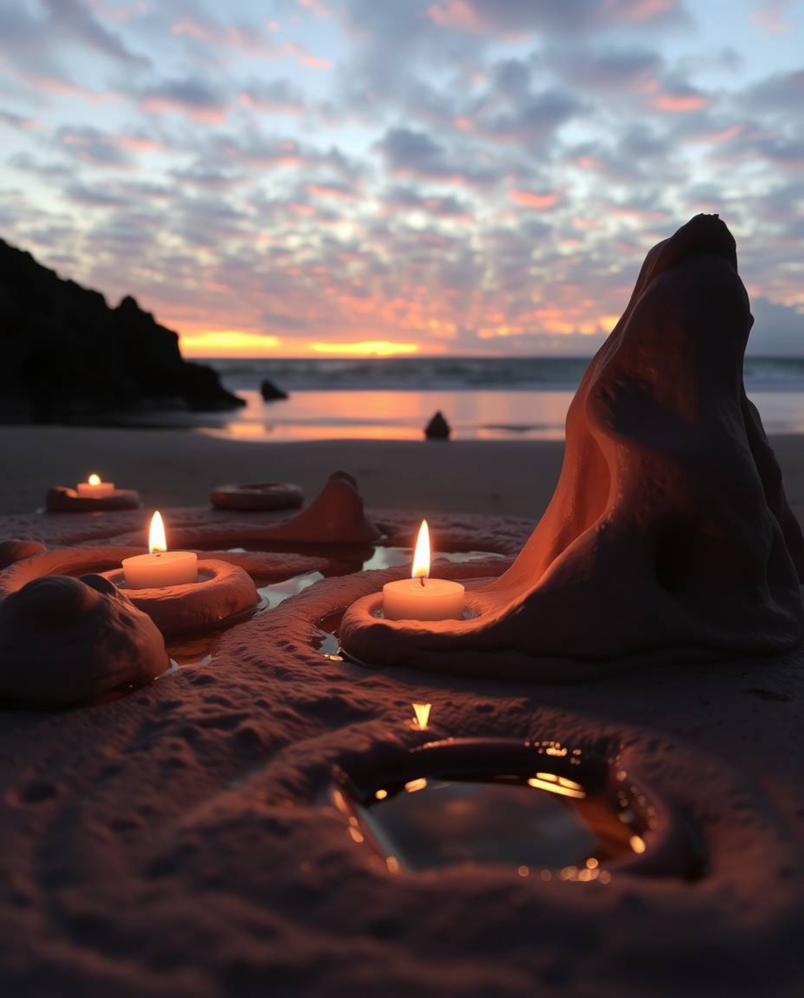 This sculptural clay art piece captures a sunset sky mirrored in tidal pools on a beach. Illuminated by warm candlelight, the