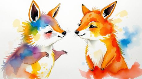 A captivating watercolor painting showcases two mischievous talking animals, rendered in electric, vivid colors.  The artwork