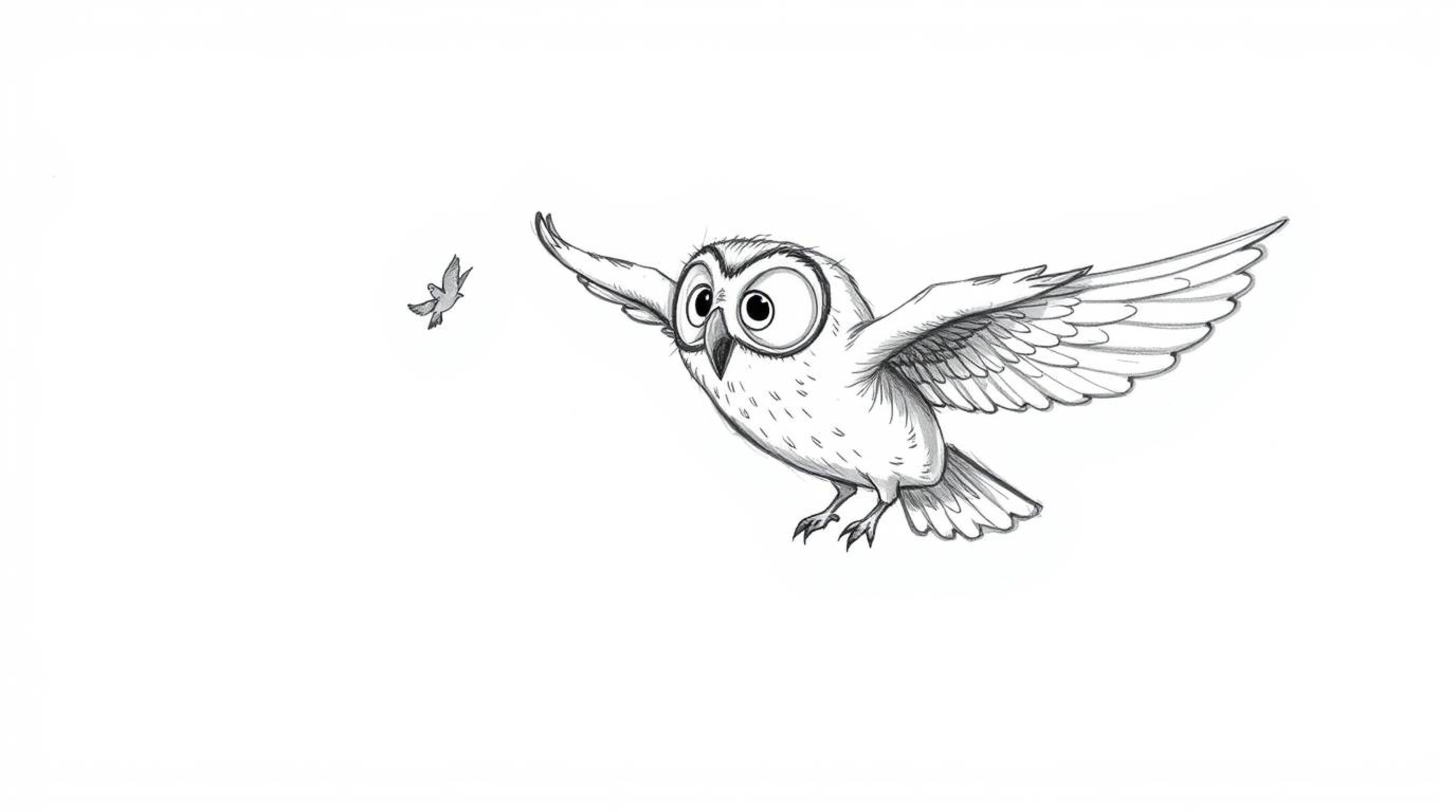 A charming, hand-drawn sketch in the style of Pixar portrays a blind owl, rendered with soft, textured pencil strokes, teachi